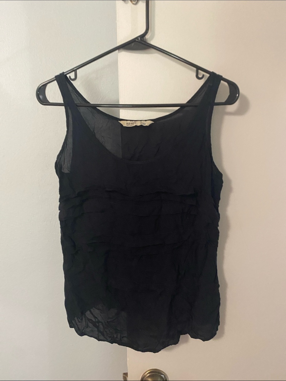 Womens Black Sheer Ruffle-Front Tank Top
